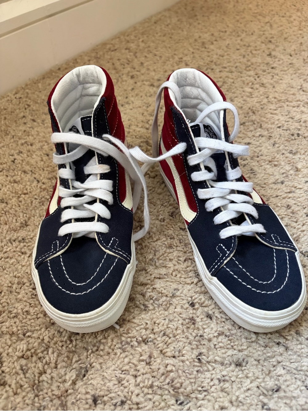 Vans High-Top Sneakers in Navy, Red & White
